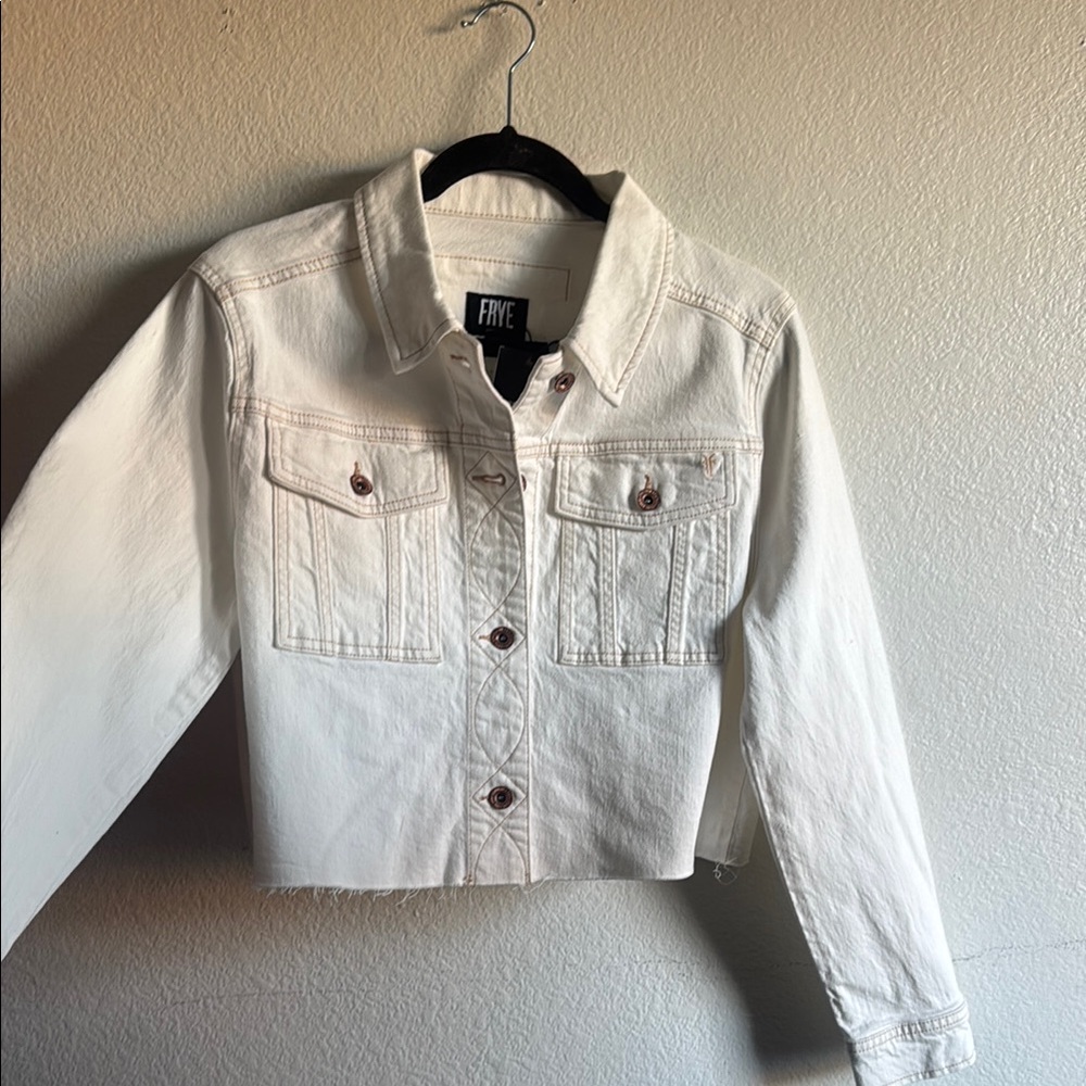 FRYE Women's Off White Cropped Raw-Hem Denim Jean Jacket Size M NWT